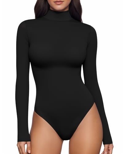 TRENLIVER Womens Long Sleeve Body Suits Mock Turtleneck Thong Bodysuits Shirts Trendy Fall Going Out Tops Y2K 2025 Black M