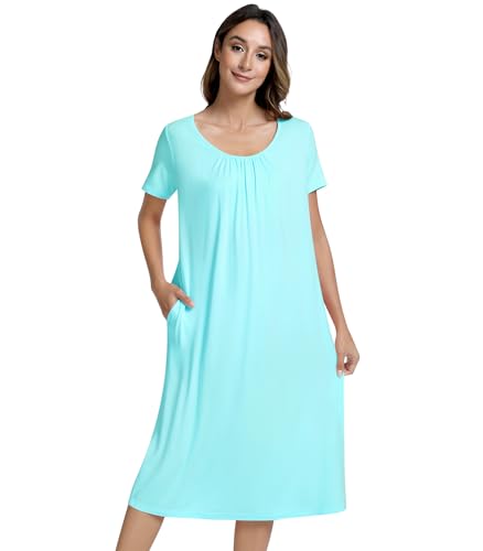 Image of NACHILA Women's Nightgowns-Viscose Made from Bamboo,Short Sleeve Nightshirt Soft Sleep Shirts Cool Sleep Dress with Pockets