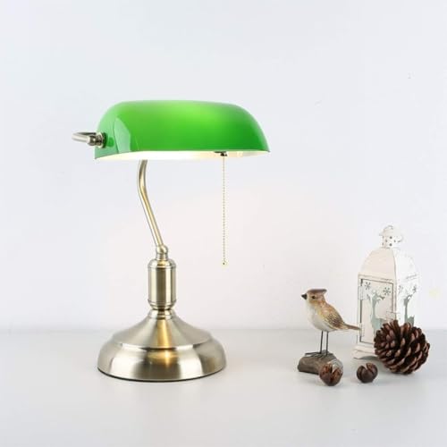 Image of HDC Premium Banker Lamp Antique Style Emerald Green Glass Desk Light Fixture Metal Beaded Pull Cord Switch Attached Golden Shade Attractive Table Lamp for Bedroom, Office Library Study Room