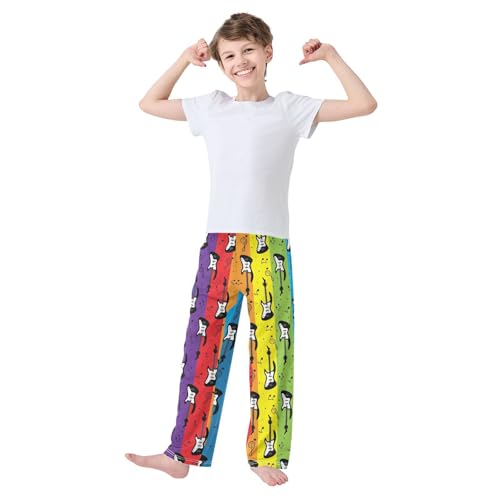Guitar Rainbow Striped Boys Long Pants Soft Trousers Elastic Waist Kids Lounge Bottoms with Pockets S-XL2