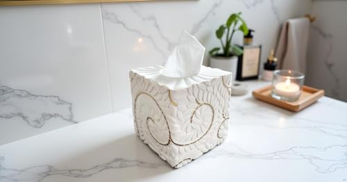 Huitony Square Tissue Box Cover Decorative Klenex Box Holder for Bathroom & Living Room with Handcrafted Texture (White&Gold) by Huitony - Image 2