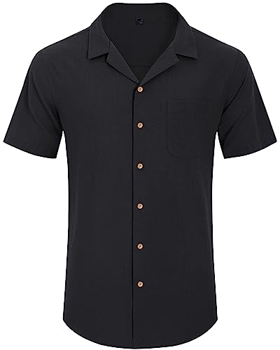 Image of Alimens & Gentle Mens Linen Shirts Cotton Hawaiian Shirts Short Sleeve Button Down Shirts Casual Summer Beach Tops