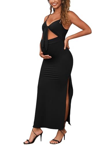 low cut maternity dress Bhome Sleeveless Maternity Baby Shower Dress Spaghetti Straps with Tie Knot  Cut-Out Side Slit Ribbed Pregnant Dress Black S at Amazon Women's Clothing  store