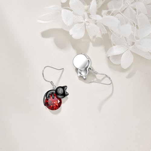 Black Cat Earrings 925 Sterling Silver Cats Dangle Drop Earrings Birthstone/Moonstone Kitten Jewelry Gift for Women4