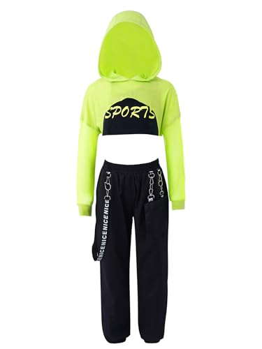 iiniim Mädchen Sport Set Langarmshirt Crop Tops + Sport BH Bustier + Cargohose Kinder Sport Trikot Hip Hop Kleidung Street Dance Outfits Gr.98-176 A Minzgrün A 134-140