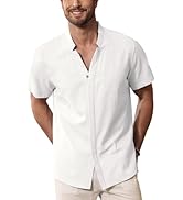 Mens Cotton Linen Henley Shirt Band Collar Button Down Shirt Summer Beach Tops