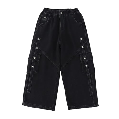 Boys Baggy Cargo Jeans Elastic High Waist Kids Straight Wide Leg Hip Hop Pants with Pockets Vintage Casual Jeans Y2k3