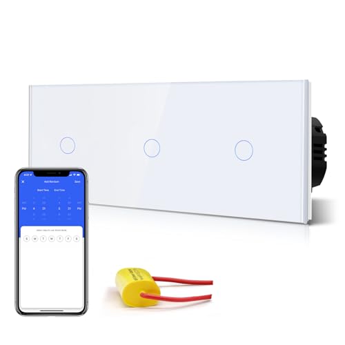 BSEED Interruptor de Luz Táctil WiFi Inteligente,Panel de Cristal,Compatible con Alexa, Smart Life y Tuya (No Necesita Cable Neutro),1 Gang 1 Vía,228mm Blanco