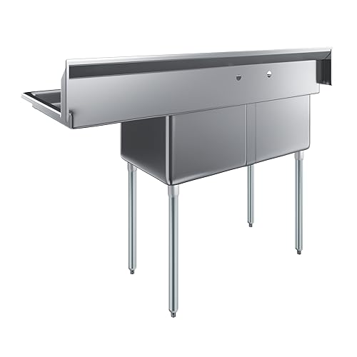 Image of AmGood Stainless Steel Prep & Utility Sink | 304 Stainless Steel | Restaurant, Kitchen, Laundry, Garage | NSF (23 in. x 57 in. | Two Bowls | Right Drainboard)