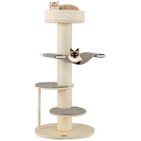 PETSITE 47 inch Cat Tree Tower, Multi-Level Wooden Cat Tower with Sisal Scratching Posts, Cozy Top Perch, Side Hammock, and Jumping Platforms, Modern Cat Tree for Indoor Cats Cover
