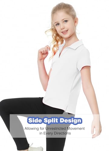 MERIABNY Camisetas polo de golfe para meninas com gola V para crianças de 6 a 13 anos, Branco, 12-13