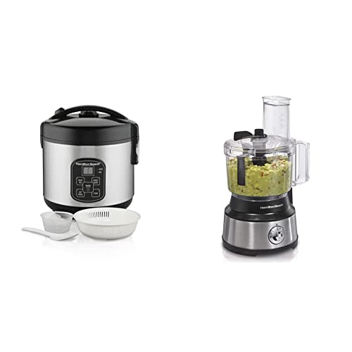 Hamilton Beach Digital Programmable Rice Cooker & Food Steamer, Stainless Steel (37518) & Food Processor & Vegetable Chopper, 10 Cups - Bowl Scraper, Stainless Steel