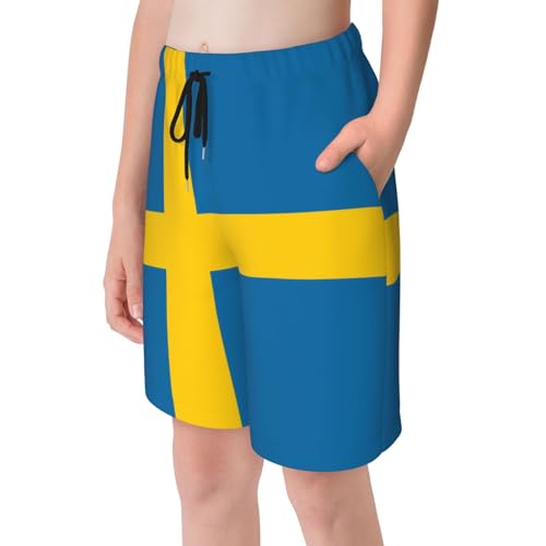 Swedish Flag Youth Beach Pants, Soft and Breathable, with Drawstring Waist, Suitable for Sports and Leisure.4