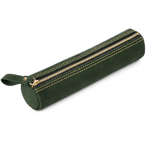 Image of ECHSRT Vintage Leather Pencil Case for Men & Women | Classic Cylinder Pen Holder | Genuine Crazy Horse Leather Pouch | Full-Grain Cowhide Organizer for Work, College, Travel (Green)