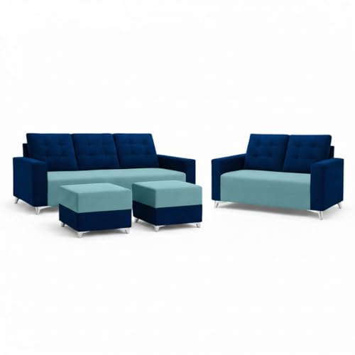 Image of Hakuna Dual Tone Plush Velvet 3 Seater + 2 Seater Sofa Set with 2 Ottoman | Silken Velvet Suede Upholstery | Designer Sofa for Living Room & Office Spaces (Dark Blue & Sky Blue)