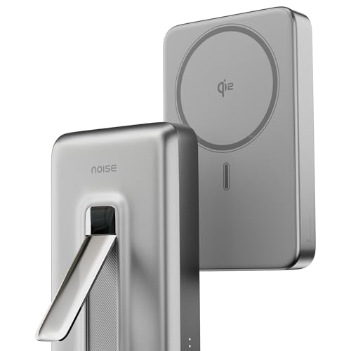 Image of Noise Qi2 Certified MagSafe Wireless 10000mAh Power Bank with Built-in Stand, 15W Wireless & 22W Wired Output, Strong Magnetic Strength, for Android & iPhones (Metallic Silver)