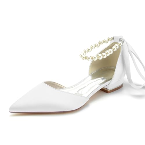 HQINGAXU Mujer Zapatos De Vestir Punta Cerrada Tacones Bajos Flats De Novia Sandalias Correa Tobillo Perlas Zapatos De Corte con Tacón Blando Sandalias Formales para Fiesta,Blanca,40 EU