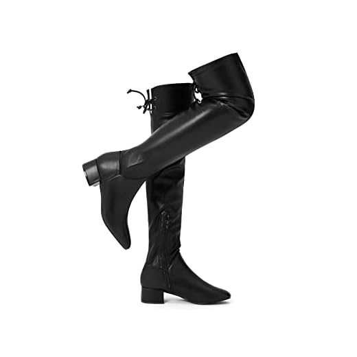 Greatonu Women’s Thigh High Boots Block Heel Over The Knee Boots Long Boots for Women Black PU Leather -1.77 inchs Size 8