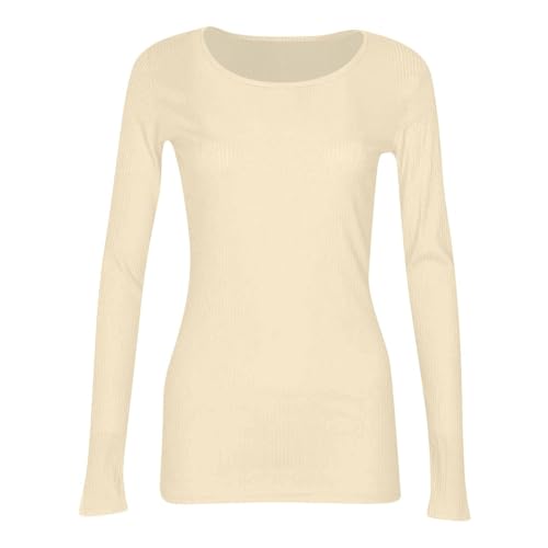 Camisetas de yoga para mujer, ajustadas, cuello redondo, para mujer, manga larga, capa base, blusa ajustada, cintura cónica, ligera, hombros rectos, camiseta básica, beige, L