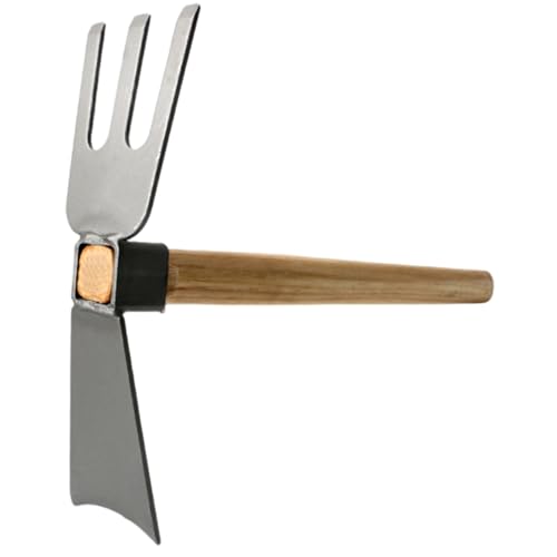 Garden Hoe, 2 in 1 Digging Fork with Wooden Handle, Carbon Steel Blade Head and 3-Prong Fork Used for Weeding, Digging, and Loosening Soil Garden Hoe