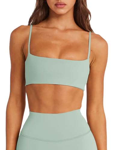 Image of LASLULU Womens Adjustable Spaghetti Straps Sports Bra Square Neck Wireless Padded Workout Yoga Crop Tops
