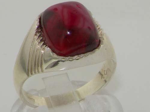 Vista 2 de Anillo de plata de ley 925 maciza con cabujón creado en rubí para hombre tamaños 6 a 13 disponibles