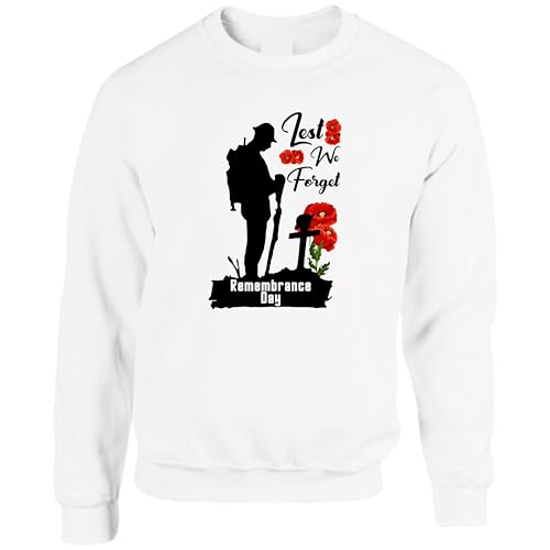 Image of Lest We Forget Honour Heros Jumper, Fallen Soldier Silhouette Poppy Flower Design UK Patriot Remembrance Day Sweatshirt, Gift Unisex Top(M, White)