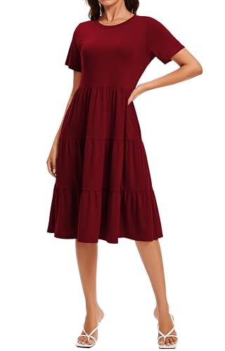 Image of Womens Summer Short Sleeve Crew Neck Midi Dress 2026 Casual Fit Flowy Tiered Beach Vacation Sundress with Pockets
