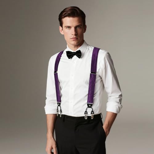 Image of DiBanGu Paisley Bow Tie and Supenders for Men Tuxedo Heavy Duty 6 Clips Suspender Adjustable Y-Shape Mens Trouser Braces