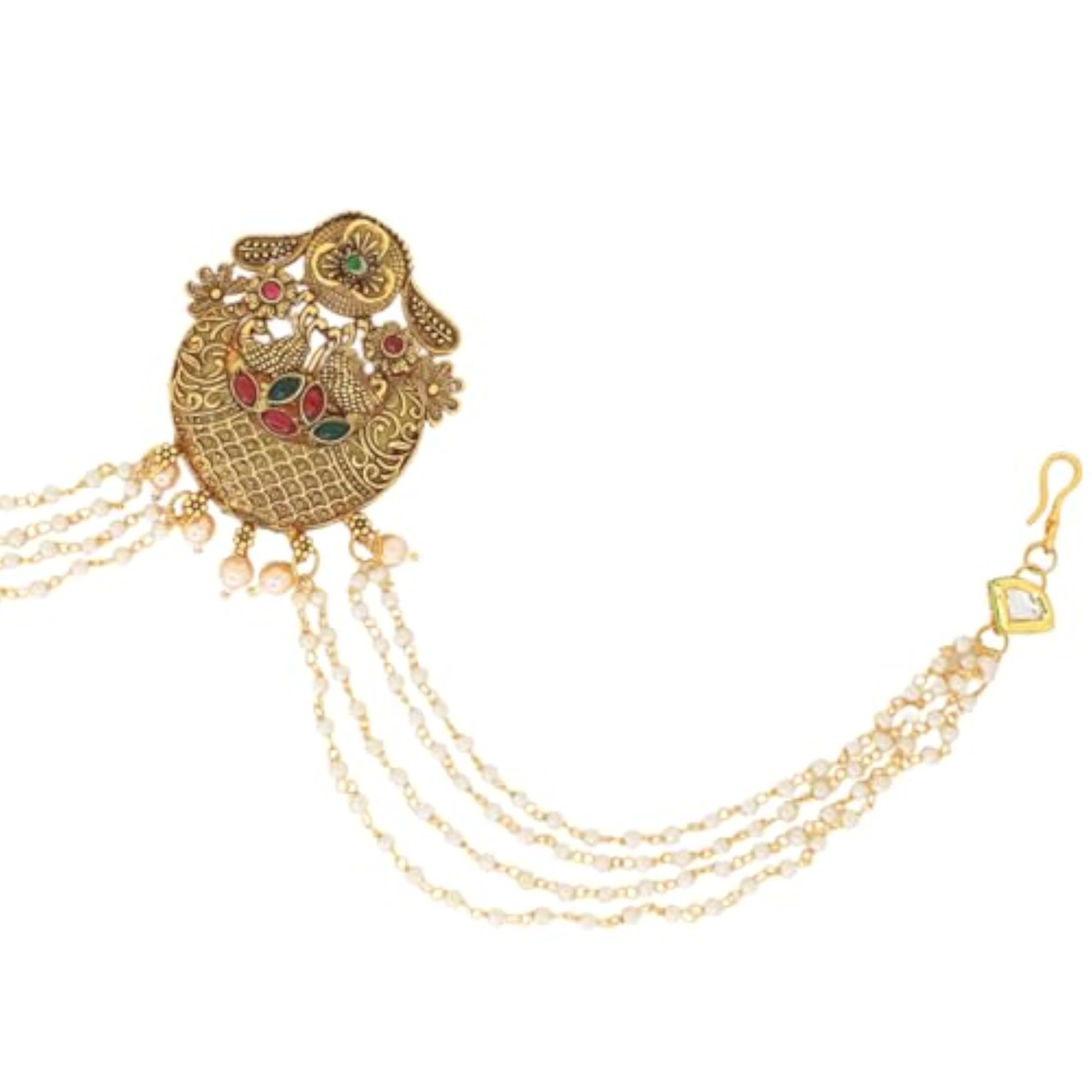 Traditional Brass Choti Hair Accessory with Antique Bead Chains