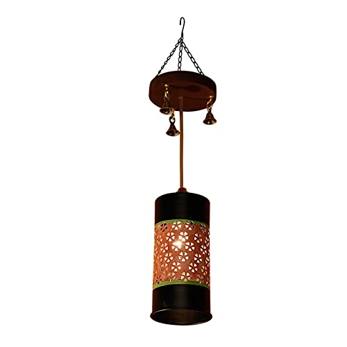 Image of AAKRITI ART CREATIONS Cylinder Glow Handcrafted Metal Pendant Lamp with Mango Wood Rosette for Living Room Ceiling | Hanging Lamp Decor | Ceiling Hanging Lights for Living Room | Fancy Lights for