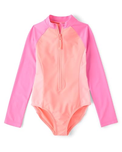 The Children's Place,Girls,Long Sleeve Half Zip One Piece Rashguard Swimsuit,Pink Abalone,Small