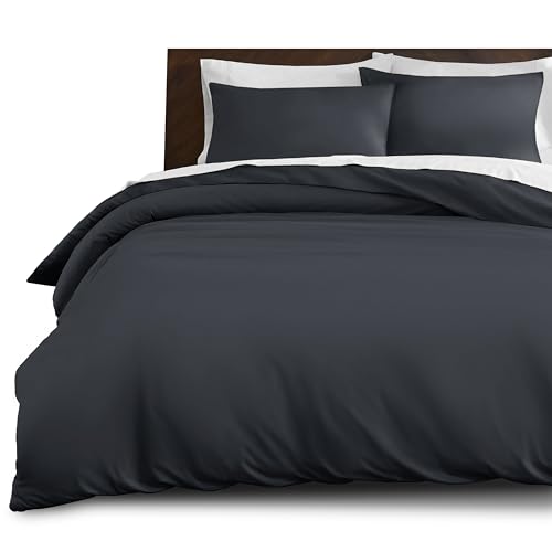 Imperial Rooms Double Duvet Cover Set Brushed Microfiber Plain Bedding Charcoal Bed Set with Pillow Cases Ultra Soft Button Closure Quilt Cover (200 x 200 Cm)