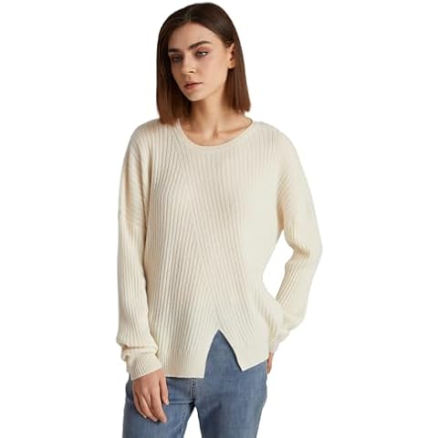 GreenMount Women's Crew-Neck Cashmere Sweater with Split Hem Oversize Dropped Shoulders 100% Pure Cashmere Long Sleeves Pullover Fashion Soft Undyed Sweater for Women Cover