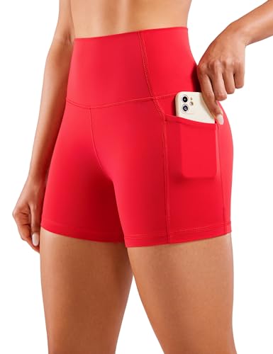 CRZ YOGA Women's Naked Feeling Biker Shorts with Pockets 4'' - High Waisted Yoga Gym Workout Spandex Deep Red Small