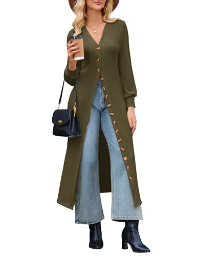 MAKABO Long Green Sweater Cardigan for Women, Open Front V-Neck Sweaters Dressy Button Up Outfits for Office Teacher, XL