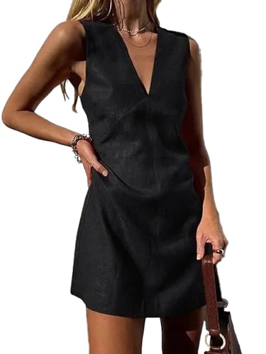 hibshaby Womens Summer Cotton Linen V Neck Short Dress 2025 Sleeveless Mini Dress Casual Tank Dress Sundress with Pockets Black