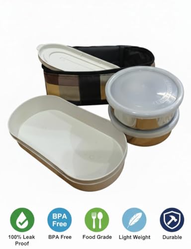 Image of Lunch Box Set with 2 Stainless Steel CONTAINTER and 1 Plastic CONTAINTER and Carry Bag, Leak-Proof, Light Weighted and Durable