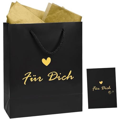 Xinfin Geschenktüten Schwarz Für Dich 25x20x10cm Geschenktasche Groß mit Henkel Geburtstag Happy Birthday Tüte mit Seidenpapier für Frau Mann Junge Mädchen Geschenkverpackung