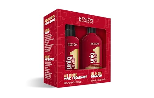 Immagine prodotto: REVLON PROFESSIONAL UniqOne - Kit per la cura dei capelli, 150 ml, spray anti-crespo con protezione dal calore e shampoo, 230 ml, per capelli setosi, lucidi e ben pettinabili, vegani