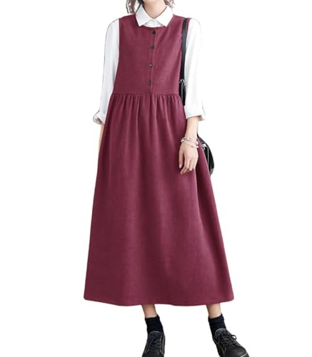 Image of chouyatou Women's Cute Sleeveless Corduroy Overall Dress Jumper Midi Babydoll Tank Dress with Pockets
