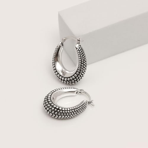 LeCalla 925 Sterling Silver Bali-Style Hoop Earrings Lightweight Click-Top Antique Two-Tone Beaded Italian Bali Style Earring Hoops for Women3