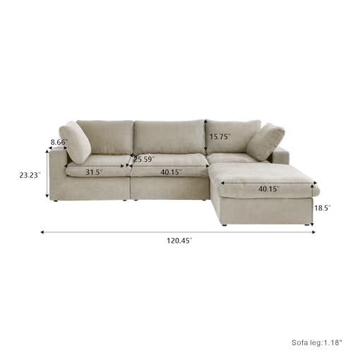Cloud Modular Sectional Sofa with Storage Ottoman,120.45" L Shaped Couch for Living Room,Down Filled Convertible Couch Deep Seat for Office Apartment,Covers Washable&Replaceable,Khaki