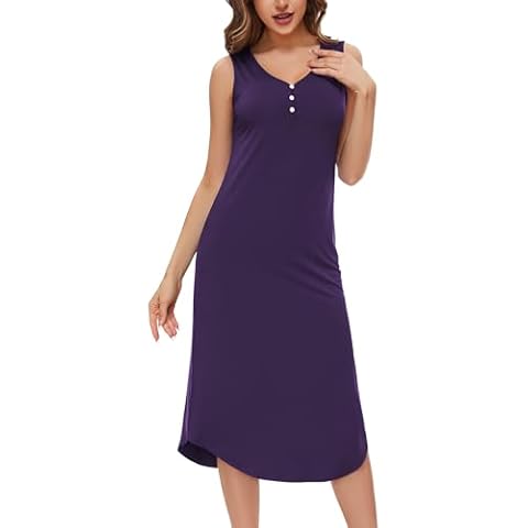 LazyCozy Bamboo-Derived Viscose Nightgowns for Women Sleeveless Night Shirt V-Neck Sleepwear Soft Night Dress, Purple, Medium Cover
