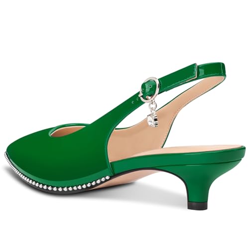 Image of TNYNFBEB Womens Low Kitten Heel Close Pointed Toe Pumps Slingback Silver Beaded Buckle Prom Party Dress Patent Leather 1.4 Inches Heels