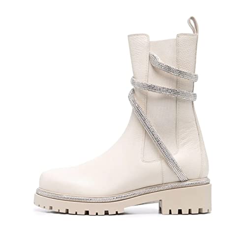 keleimusi Women's Crystal Embellished Ankle Wrap Chelsea Combat Booties with Flat Lugs