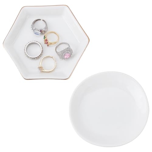 HOBBIESAY 2Pcs Ceramic Jewelry Tray Small Ring Holder Dish White Square Round Trinket Tray Jewelry Display Dishes Decorative Trinket Organizer for Keys Rings Earrings Display