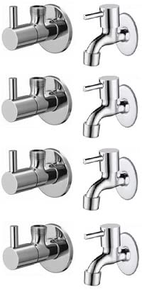Spazio Stainless Steel Turbo Angle Valve With Bib Cock Combo Pack Foam Flow Water Taps With Wall Flange (Pack of 4) (Chrome Plated, Brass Disc)