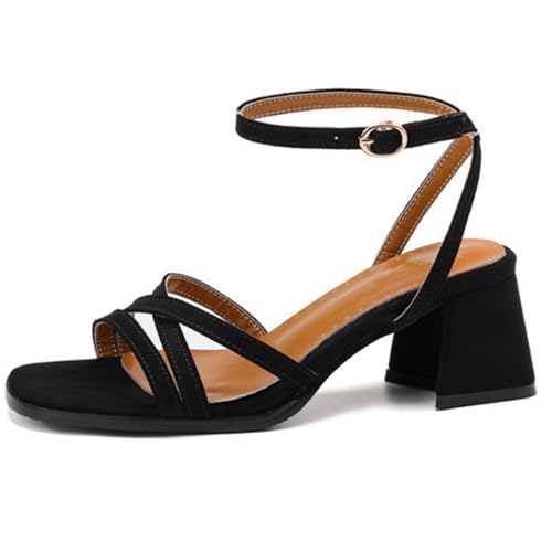 MiaZane Sandalias de mujer sandalias de mujer con tacón grueso con correa ancha y punta redonda para zapatos de boda para novia, fiesta de graduación, oficina y salida de verano,Negro,40 EU