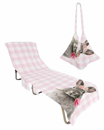 Pink Easter Bunny Beach Lounge Chair Towel Cover, Soft Chaise Lounge Towel with Side Pockets Patio Pool Chairs Cover for Beach/Pool Sunbathing 29x85 Spring Floral Tulip Pink Plaid